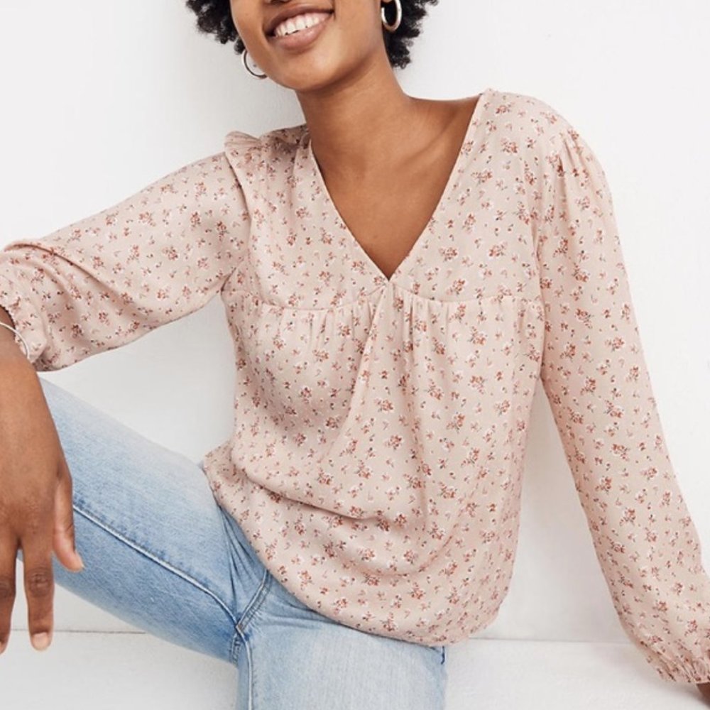 Madewell Floral V-Neck ¾ Sleeve Satin Top